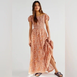 Free People Ultraviolet Floral Puff Sleeve Smocked Maxi Sundress Orange Women XS