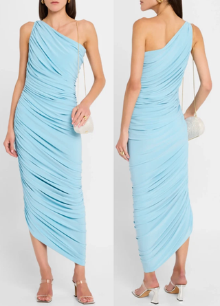 Norma Kamali Diana One Shoulder Asymmetric Ruched Maxi Dress Powder Blue Large