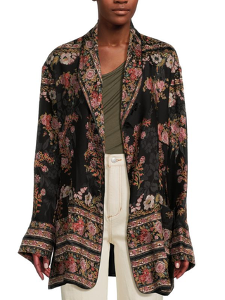 Etro Giacca Floral Silk Blend Floral Kimono Blazer Jacket Black/Pink 42 IT/US 6
