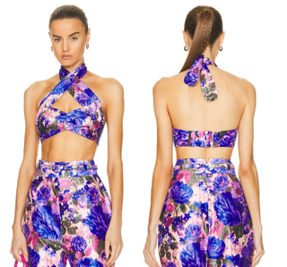 Zimmermann High Tide Silk Halterneck Crop Top Purple Ikat Floral Women's Size 1
