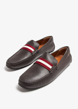 Bally Perthy Leather Loafers Brown w/ Red and White Stripe Men's Size 11.5
