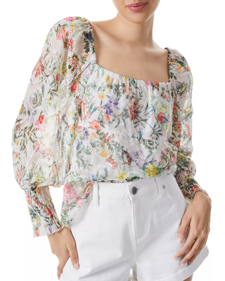 NWT Alice & Olivia Rowa Floral Eyelet Puff Sleeve Square Neck Blouse White Large