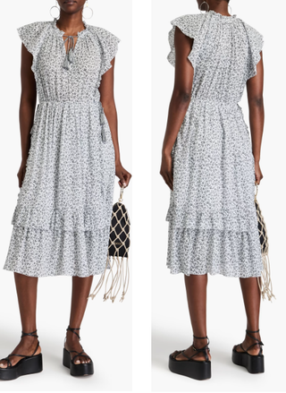 Ulla Johnson Cotton Floral Ruffled Tiered A-Line Midi Dress White/Navy Blue 0