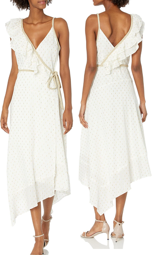 BCBGMaxazria Asymmetric Midi Wrap Dress Cream with Metallic Shimmer Women's M