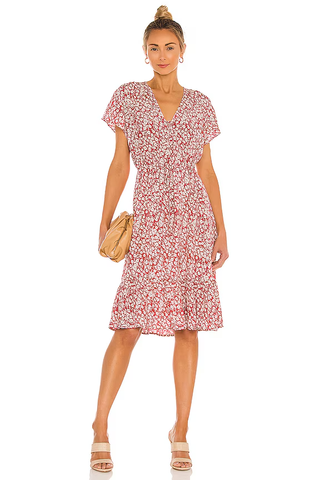 Rails Kiki Floral Short Sleeve V-Neck Tiered Sundress Scarlet Camellia Women's L