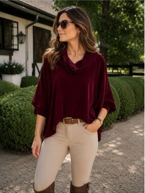 NWT Frank & Eileen Dolman Sleeve Cowl Neck Velour Blouse Top Burgundy Women's M