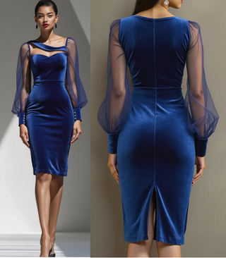 Fehaute Luxe Velvet Sheer Balloon Sleeve Bodycon Cocktail Dress  Navy Women's 8