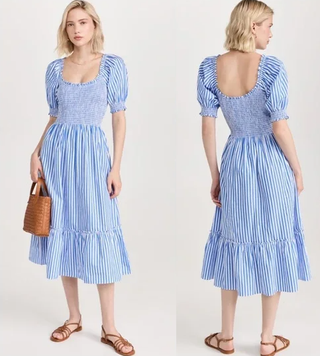 Hill House Home The Louisa Nap Smocked Midi Dress Blueberry Stripe Women's XS