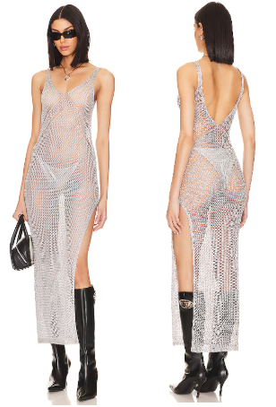 NWT Superdown Marlee V-Neck Long Mesh Cover Up Dress Silver Women's Size Small