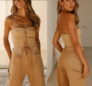 NWT Lioness East Gate Strapless Lace-Up Crop Corset Top Stone Women's Size 6