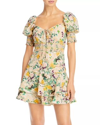 Alice & Olivia Crawford Sweetheart Tiered Floral Mini Dress Tan/Yellow/Green 12