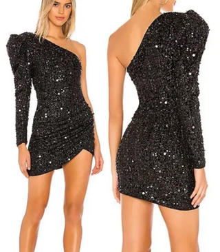 NBD Sequin Embellished Asymmetric One Shoulder Bodycon Mini Dress Black Medium