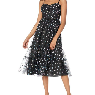 NWT Betsey Johnson Rainbow Star Mesh A-Line Midi Dress Black Women's Size 12
