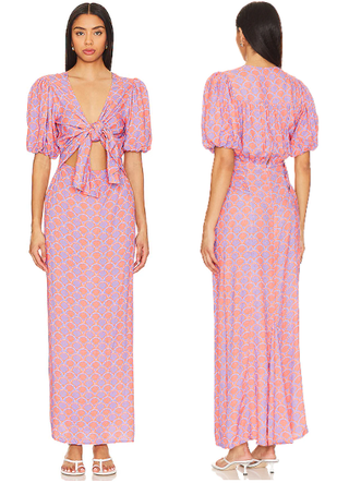 Beach Riot Marta Puff Sleeve Tie Front Maxi Dress Siren Shells Women's Size M