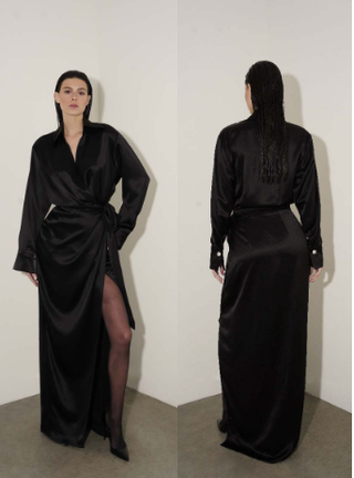 NWT Nonchalant Label Dallas Satin Long Sleeve Maxi Wrap Dress Black Women's XS