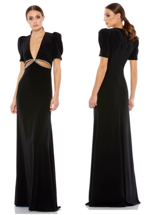 Ieena for Mac Duggal Rhinestone V-Neck Puff Sleeve Cut Out Maxi Dress Black 2