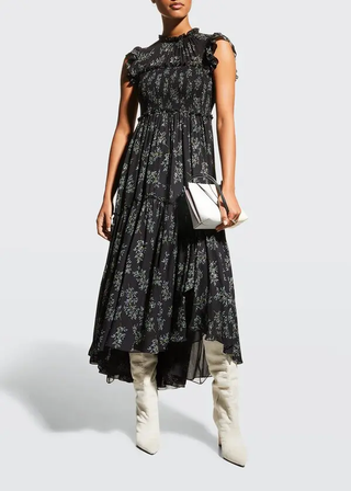 Cinq à Sept Lucile Floral Cap-Sleeve Ruffle Hi-Low Midi Dress Black Women's 10