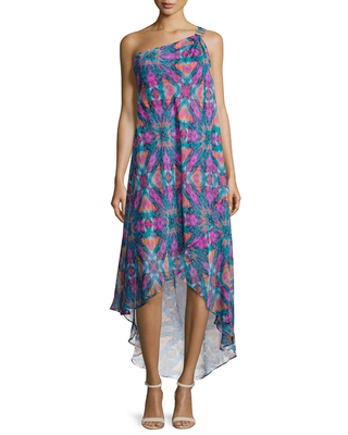 NWT Laundry By Shelli Segal One Shoulder High Low A-Line Dress Green/Purple 6