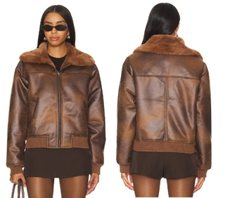 Tularosa Tanya Faux Leather and Faux Fur Zip Up Bomber Jacket Brown Womens Small