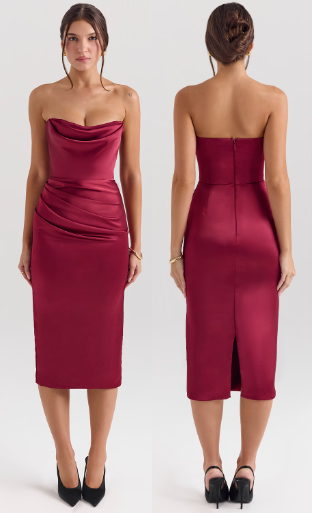 House of CB Santana Satin Strapless Bodycon Midi Dress Berry Women's Size XS