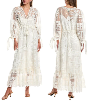 NWT Farm Rio Morada Boa Guipure Lace Crochet Maxi Dress with Slip Off-White XL