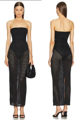 Michael Costello x Savannah Strapless Sheer Maxi Dress Black Women's Medium