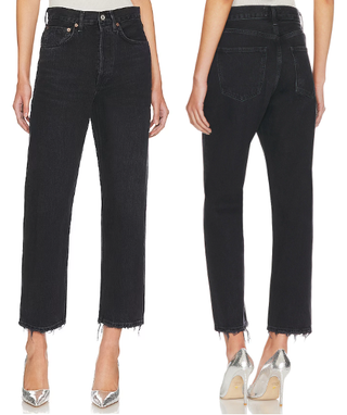 Agolde 90's High Waisted Frayed Hem Straight Leg Cropped Jeans Tar Womens 25