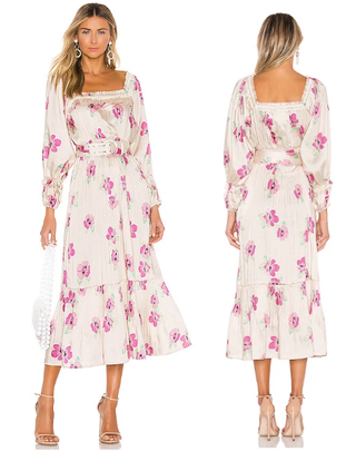 Nicholas Satin Floral Pleated Off Shoulder A-Line Midi Dress Blush Pink Purple 8