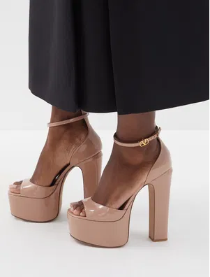 Valentino Garavani Tan-go 155MM Patent Leather Platform Sandals Nude Womens 37.5