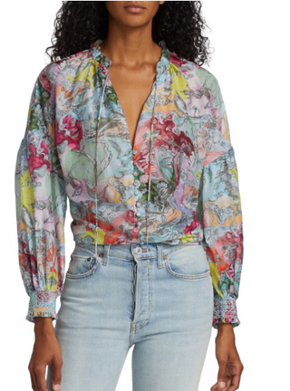 Alice & Olivia Julius Silk Blend Watercolor Button-Front Blouse Blue/Pink Small
