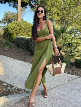 NWT Zara Linen Blend Sleeveless Side Slit A-Line Midi Dress Oil Green Women's XS