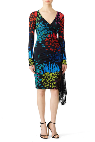 Emanuel Ungaro Winter Garden Knee Length Sheath Dress Black Multi 44 IT / US 6