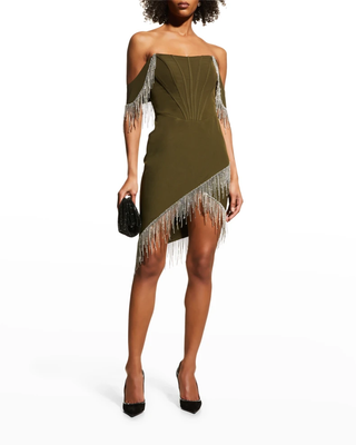 NWT  Lavish Alice Beaded Fringe Bardot Corset Mini Dress Khaki Womens Size 6