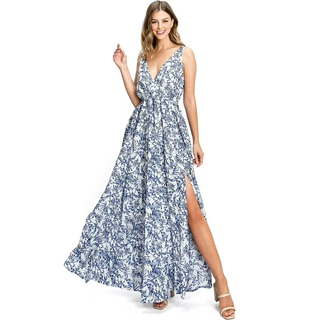 Aakaa Tropical Print Sleeveless Parachute Maxi Dress Blue White Women's Medium