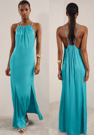 Reiss Tallie Satin Sleeveless Gathered Halterneck Maxi Dress Blue Womens Size 10