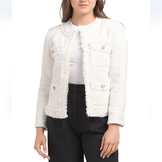 NWT Nanette Clapton Open Front Boucle Tweed Jacket White Gold Women's Size 10