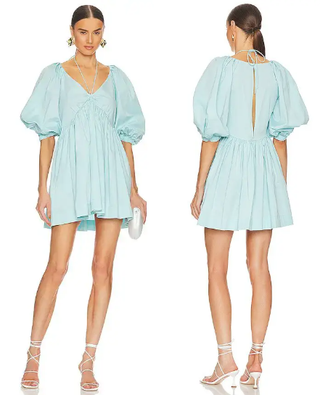 L'Academie Ilana Puff Sleeve V-Neck Babydoll Mini Dress Baby Blue Womens Medium