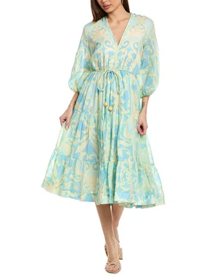 Alexis Vilas 3/4 Sleeve V-Neck Tiered A-Line Midi Dress Blue Vine Print Women XS