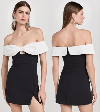 Self Portrait Crepe Bow Off Shoulder Two-Tone Mini Dress Black White Women's US 2
