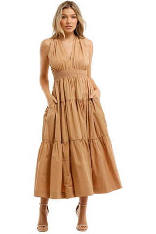 S/W/F Sleeveless V-Neck Gathered Tiered A-Line Maxi Dress Brown Women's Size M