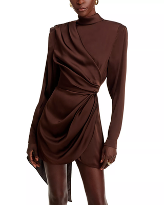 Ronny Kobo Bianca Satin Ruched Mini Dress Chocolate Brown Women's Size Large
