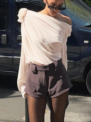 NWT Commense Chiffon Semi-Sheer One Shoulder Asymmetrical Blouse Apricot Size S
