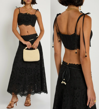 Zimmermann Rhiannon Embroidered Tie Shoulder Lace Cropped Top Black Womens 2/M