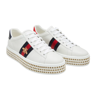 Gucci Crystal-Embellished Ace Low Top Platform Sneakers White Women's Size EU 39