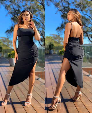 NWT Jadore Sleeveless Asymmetrical Ruched Bodycon Satin Dress Black Womens 14 US