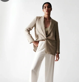 Zara Long Sleeve Peak Lapel Straight Cut Single Breasted Blazer Beige Women's 2