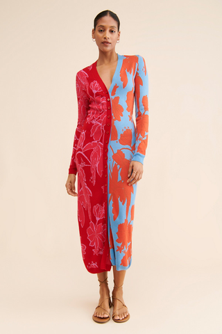 Farm Rio Floral Patchwork V-Neck Knit Long Cardigan Red Blue Women's Size Small