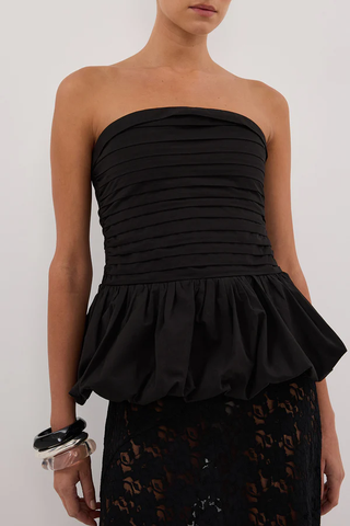NWT Dissh Peggy Cotton Gathered Peplum Bubble Hem Strapless Top Black Women's 4