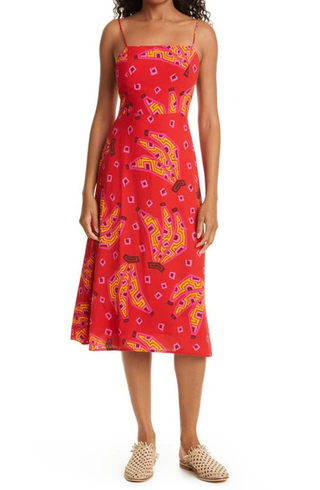 Farm Rio Tiki Bananas Slim Fit Tie Back A-Line Midi Dress Red/Yellow Women's L