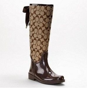NWT Coach Tristee Monogram C Logo Shiny Rubber Tall Rain Boots Brown Women's 10